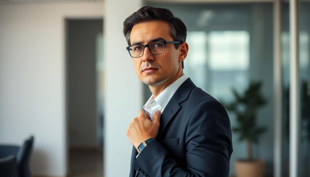 A well-lit scene of a determined professional in business attire, standing in a thoughtful pose against a blurred office backdrop. Soft, directional lighting accentuates their focused expression and conveys a sense of purpose. The setting is clean, minimalist, with muted colors to keep the attention on the central figure and their contemplative stance. The overall mood is one of quiet resolve, as the subject navigates the challenges of a career transition with a sense of strategic planning and confidence.