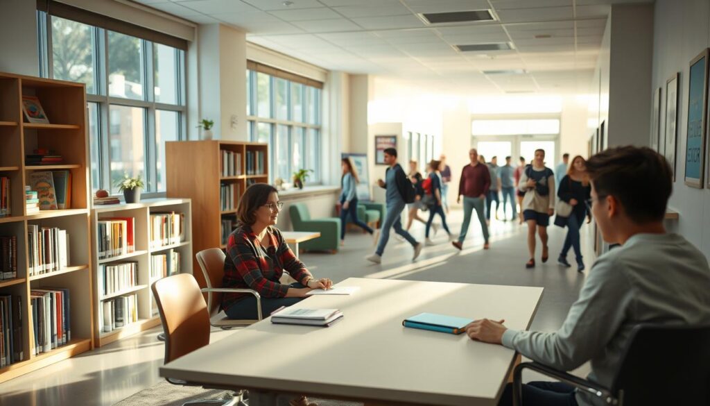 A well-lit school counselor's office, with a warm and inviting atmosphere. In the foreground, a counselor seated at a modern, minimalist desk, deep in conversation with a student. Soft natural light streams through large windows, casting a gentle glow on the scene. The middle ground features bookshelves filled with educational resources, a comfortable seating area, and motivational artwork on the walls. The background reveals the bustling activity of the school, with students passing by in the hallway, conveying the counselor's integral role within the educational community. The overall mood is one of empathy, professionalism, and a sincere desire to support the wellbeing and growth of the students.