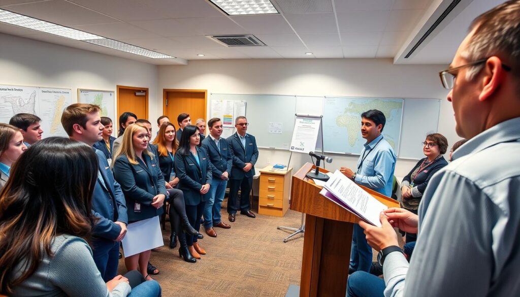 A well-lit, spacious classroom setting with a group of bus tour guides gathered around a podium, attentively listening to an instructor delivering a presentation. The guides wear professional uniforms and have engaged expressions, indicating an atmosphere of active learning and skills development. The room features educational displays, maps, and training materials, conveying the serious nature of the bus guide certification program. Soft, diffused lighting creates a warm, welcoming ambiance, while the camera angle suggests an elevated perspective, capturing the sense of a comprehensive training session.