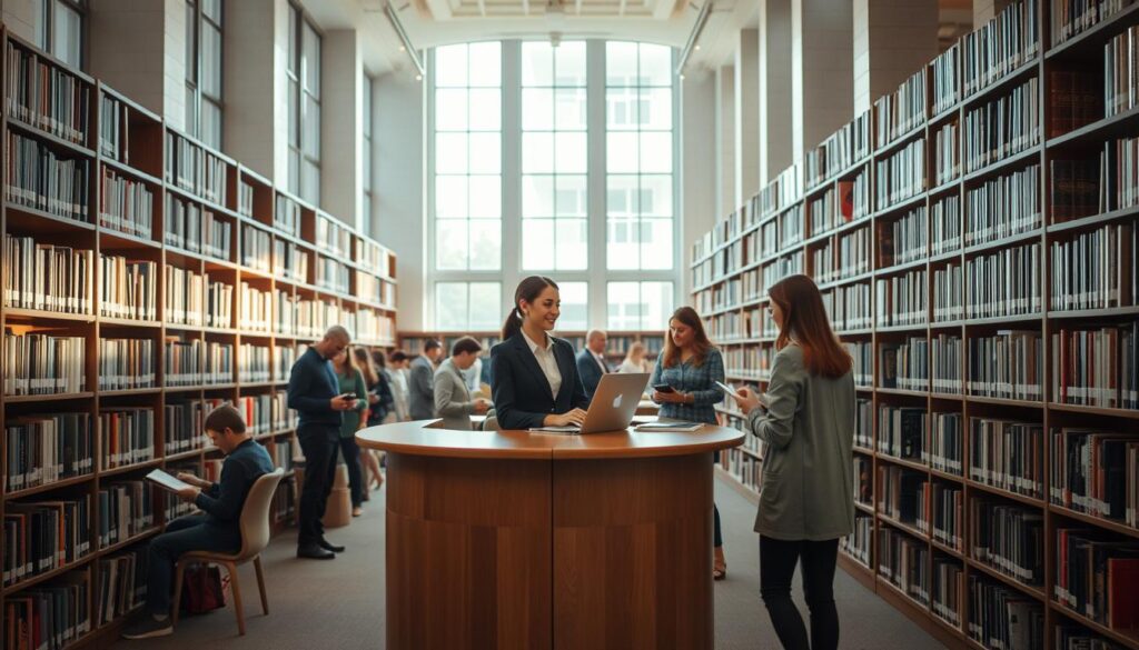 A well-lit, spacious library interior with rows of bookshelves lining the walls. At the center, a professional librarian dressed in a smart business attire stands behind a curved reception desk, assisting a patron with a query. In the background, various library patrons are engaged in reading, research, or browsing the shelves. Soft, warm lighting filters through tall windows, creating a cozy and inviting atmosphere. The scene conveys the diverse responsibilities and career progression of a librarian, from customer service to collection management and professional development.