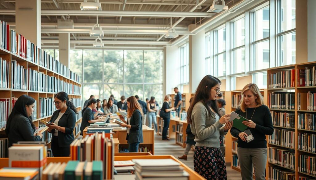 A well-lit, spacious library interior, with rows of bookshelves lining the walls. In the foreground, a group of librarians engaged in various tasks - shelving books, assisting patrons at the circulation desk, and conferring with one another. Their expressions convey a sense of professionalism and dedication. The middle ground features a diverse array of library users, from students studying intently to families browsing the shelves. The background showcases large windows, allowing natural light to flood the space and creating a warm, inviting atmosphere. The overall scene highlights the dynamic and multifaceted nature of the librarian's role, catering to the needs of the community they serve.