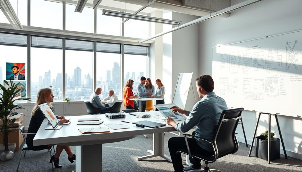 A well-lit, spacious office with floor-to-ceiling windows overlooking a bustling city skyline. An art director sits at a sleek, minimalist desk, surrounded by mood boards, sketches, and design software. The walls are adorned with vibrant, conceptual artworks, serving as inspiration. In the foreground, the art director reviews a digital mock-up, carefully considering color palettes, typography, and layout. The middle ground features a team of designers collaborating on a project, animatedly discussing ideas. In the background, a large whiteboard displays a strategic creative brief, outlining the project's objectives and target audience. The scene conveys the art director's role in leading a creative team, conceptualizing and executing visually compelling designs that effectively communicate a client's message.