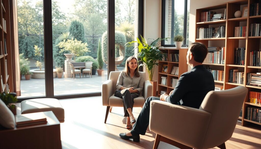 A well-lit, spacious therapy office with large windows overlooking a tranquil garden. In the foreground, a therapist sits across from a patient on modern, comfortable chairs, engaged in a thoughtful discussion. The therapist's expression conveys empathy and active listening. Shelves along the walls hold an array of therapeutic books and resources. Warm, natural lighting filters through the space, creating a calming ambiance. The overall scene reflects the nuanced, deeply personal nature of the therapeutic process.