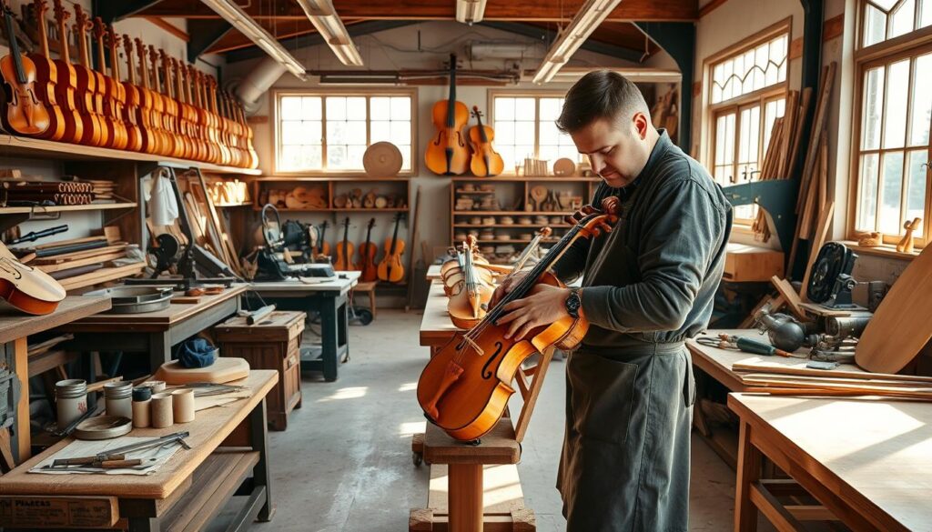 A well-lit, spacious workshop with an array of intricate woodworking tools and machinery. Handcrafted musical instruments in various stages of completion line the shelves and workbenches. Sunlight streams through large windows, casting a warm glow on the natural wood grain. A master luthier, wearing a protective apron, carefully shapes and sands a violin body, their skilled hands guiding the delicate process. The room exudes a sense of focus, creativity, and the pride of craftsmanship that goes into the making of these beautiful instruments.