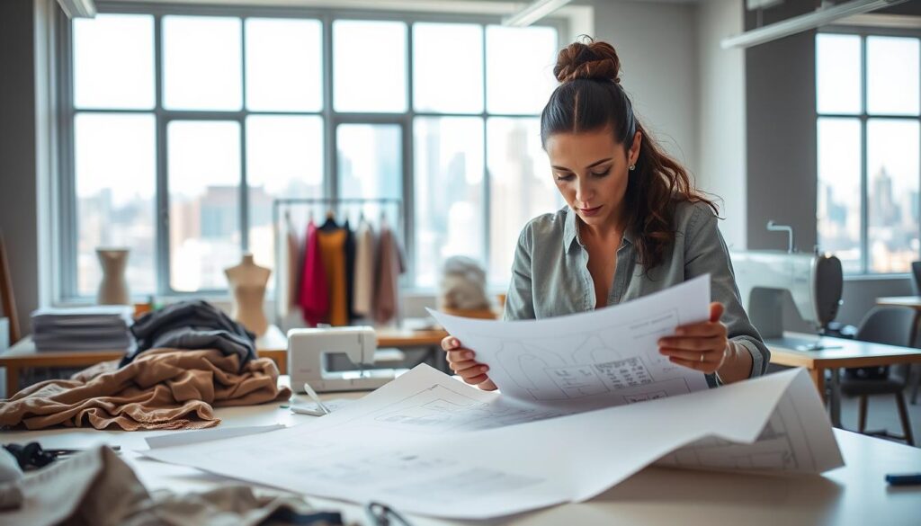 A well-lit studio scene depicting a fashion designer reviewing pattern samples on a large work table. In the foreground, the patternmaker is intently studying the patterns, her brow furrowed in concentration. The middle ground shows a variety of fabrics, sewing tools, and a sewing machine, conveying the technical expertise required. The background features large windows offering natural light and hints of a bustling city skyline, suggesting the professional setting. The overall atmosphere is one of focused, detail-oriented work with an air of quiet ambition, hinting at the possibilities for career growth and increased earnings.