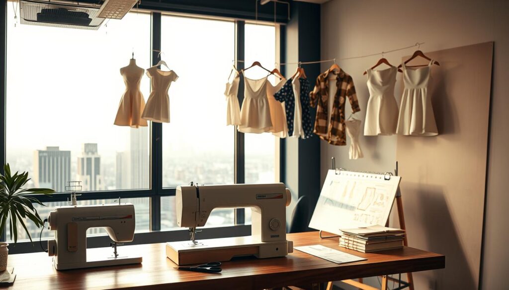 A well-lit studio scene depicting a professional fashion patternmaker's workspace. In the foreground, a sewing machine and pattern drafting tools are neatly arranged on a clean, wooden workbench. Hanging in the middle ground are several fashion sketches and fabric samples, showcasing the patternmaker's creative process. The background features a large window overlooking a bustling city skyline, bathing the scene in warm, natural light. The overall mood is one of focused productivity and industry expertise, reflecting the high-earning potential of this specialized fashion design role.