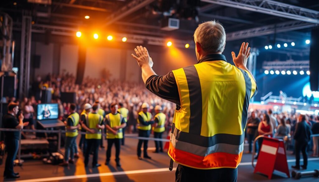 A well-lit studio scene depicting the key steps to becoming a professional event marshal. In the foreground, a person in a high-visibility vest directing traffic with hand signals. In the middle ground, a group of marshals undergoing training, practicing crowd control techniques. In the background, a busy event venue with crowds of people, stages, and equipment. The scene conveys a sense of organization, safety, and professionalism essential for the marshal's role. Warm, even lighting illuminates the subjects, captured with a wide-angle lens to provide context. The overall mood is one of efficiency and preparedness.