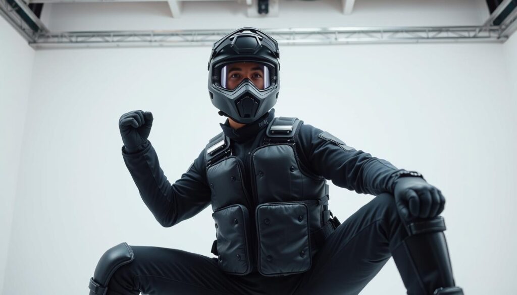 A well-lit studio setting featuring a stunt performer in full safety gear, including a padded suit, helmet, and protective equipment. The performer is positioned in a dynamic, action-ready pose, conveying a sense of power and athleticism. The background is clean and minimalist, allowing the subject to take center stage. Soft, even lighting illuminates the scene, creating a sense of professionalism and attention to detail. The overall mood is one of focus, precision, and the embodiment of the stunt performer's high-stakes career.