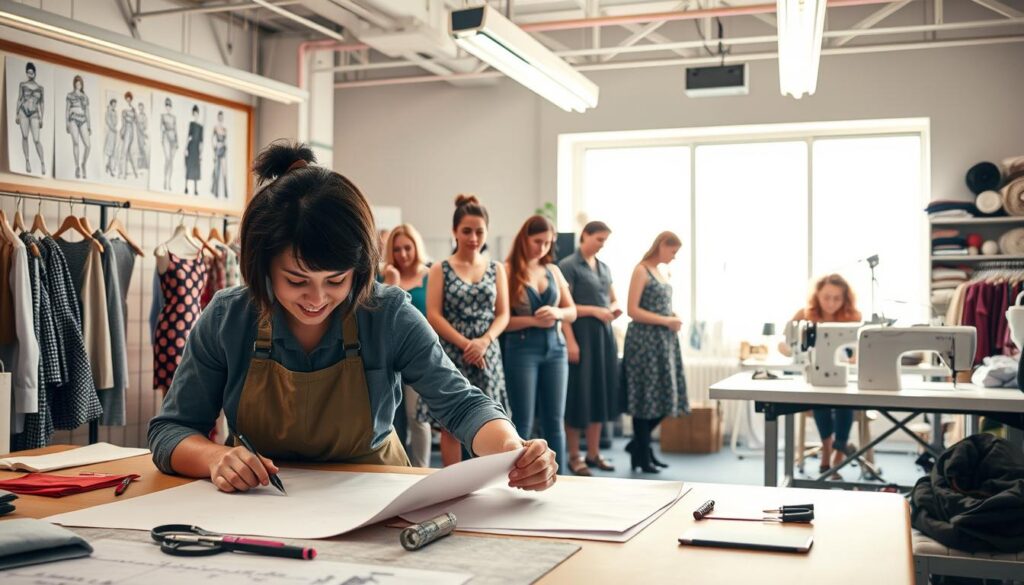 A well-lit studio setting showcasing a patternmaker's career path. In the foreground, an experienced patternmaker works at a drafting table, meticulously crafting a pattern piece using specialized tools and fabrics. In the middle ground, a team of junior patternmakers observe and assist, learning the intricate techniques. The background reveals a diverse array of fashion sketches, sewing machines, and fabric bolts, hinting at the multifaceted nature of the patternmaker's role. The scene is bathed in a warm, inviting light, conveying the creativity and professionalism inherent in this career. The composition emphasizes the linear progression and mastery required to become an accomplished patternmaker.