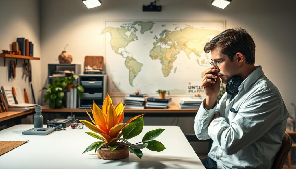 A well-lit studio setting showcasing a plant hunter's career path. In the foreground, a botanist examines a vibrant, exotic plant specimen on a clean, minimalist workbench. The middle ground features an array of tools, field guides, and taxonomic references, hinting at the technical expertise required. In the background, a map of the world highlights the global nature of plant hunting expeditions, with pins marking various locations. Soft, directional lighting casts dramatic shadows, lending an air of professionalism and scientific inquiry. The overall mood is one of focused dedication, with a sense of discovery and the pursuit of knowledge about the natural world.