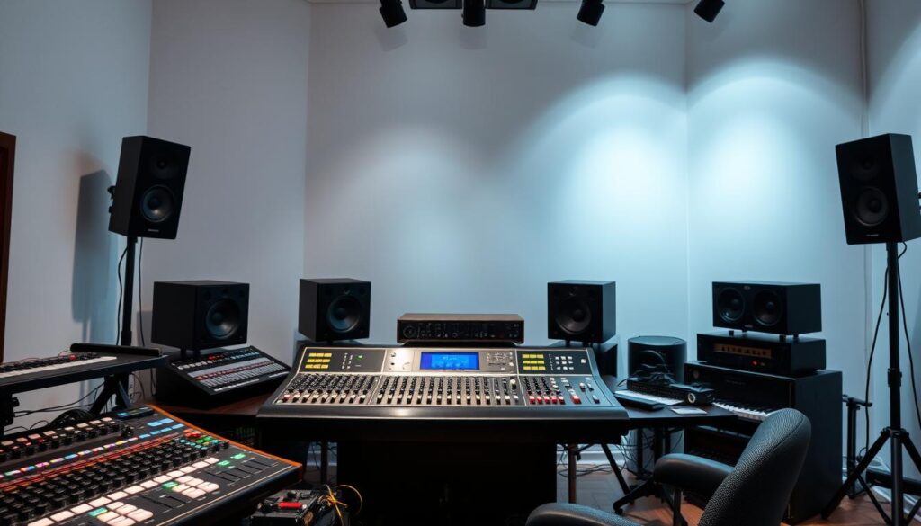 A well-lit studio setting with a clean, minimalist background. In the foreground, an array of digital audio workstation controls, mixing boards, and audio equipment, artfully arranged to showcase the essential technical skills of a sound creator. Subtle highlights and reflections suggest a high-quality, professional-grade setup. The lighting is balanced, casting soft shadows that add depth and dimension to the scene. The overall composition conveys a sense of expertise, precision, and the technical mastery required for sound creation.