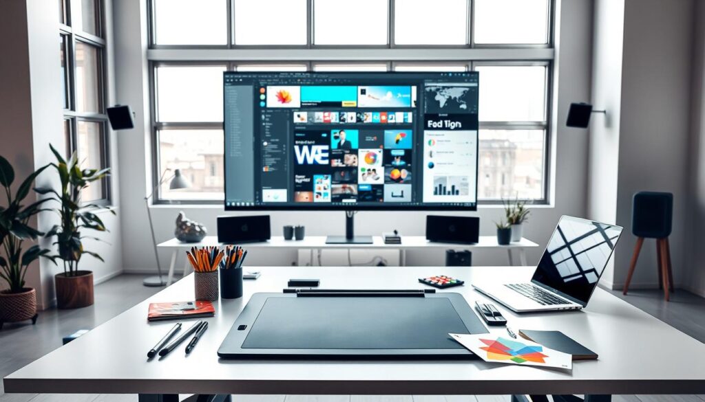 A well-lit studio setting, with a designer's workspace in the foreground. A large, modern desk with a high-resolution graphics tablet, a sleek laptop, and an array of design tools - pens, pencils, color swatches, and a sketchpad. In the middle ground, a large display monitor showcases design software, with various design elements and mockups visible. The background features a minimalist, white-walled environment, with natural lighting streaming in through large windows, casting a soft, even glow across the scene. The overall atmosphere conveys a sense of creativity, focus, and the step-by-step process of graphic design work.