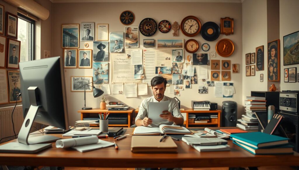 A well-lit studio setting with a writer's desk, computer, and various writing tools in the foreground. In the middle ground, a character representing a scriptwriter is seated, deep in thought, surrounded by notes, storyboards, and reference materials. The background features a wall covered in inspirational images, mood boards, and industry awards, conveying the dedicated, creative nature of the scriptwriter's profession. Warm, natural lighting casts a focused, contemplative atmosphere, as the scriptwriter meticulously crafts the narrative flow for a captivating story.