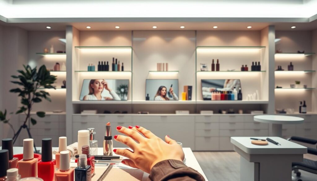 A well-lit studio space, showcasing the career journey of a skilled nail technician. In the foreground, a manicure station with a variety of nail polish bottles, tools, and a model's hand being expertly cared for. In the middle ground, a series of vignettes depicting the different stages of a nail technician's career - from training and apprenticeship, to building a clientele, to potentially owning a salon. The background features sleek, minimalist shelving displaying premium nail care products, creating a sense of professionalism and expertise. Warm, diffused lighting illuminates the scene, conveying a serene, aspirational atmosphere.