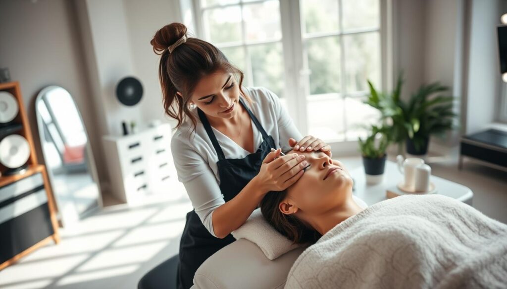 A well-lit studio space with natural lighting filtering through large windows, revealing a skilled esthetician meticulously performing a facial treatment on a serene, relaxed client. The esthetician's movements are graceful and focused, as they apply nourishing creams and employ gentle massage techniques. The atmosphere is tranquil, with soft background music and the soothing aroma of essential oils. The client's expression conveys a sense of rejuvenation and pampering, while the esthetician maintains a professional yet personable demeanor. The scene captures the essence of the esthetician's role in providing personalized care and enhancing the well-being of their clients.