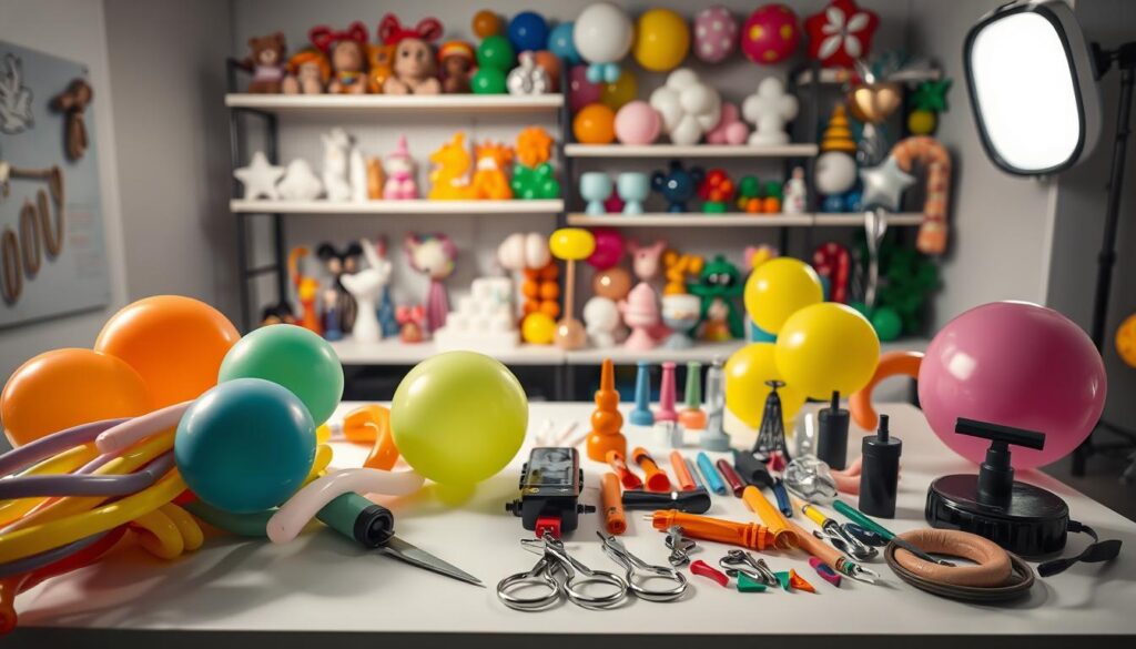 A well-lit studio table displaying an assortment of balloon art tools and materials. In the foreground, a bundle of colorful balloons, inflator, and a pair of scissors. In the middle ground, a variety of balloon modeling tools such as clamps, ties, and a pump. The background features shelves filled with an array of balloon designs and decorations. The lighting is soft and diffused, creating a professional, creative atmosphere suitable for a balloon artist's workspace.