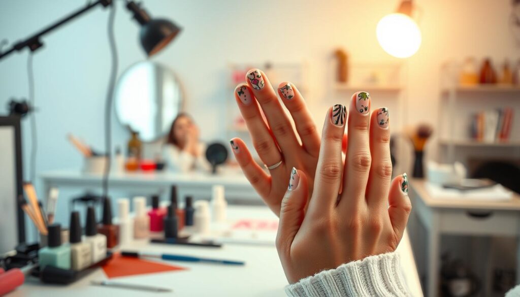 A well-lit studio with a manicured set, showcasing the artistry of a skilled nail technician. In the foreground, a model's hands are delicately positioned, their nails adorned with intricate, eye-catching designs. The middle ground features an array of nail polish bottles, brushes, and other tools of the trade, hinting at the meticulous attention to detail required. The background subtly fades, drawing the viewer's focus to the captivating display of the nail artist's talents. Soft, natural lighting casts a warm, inviting glow, conveying the patience, creativity, and passion inherent in this profession.