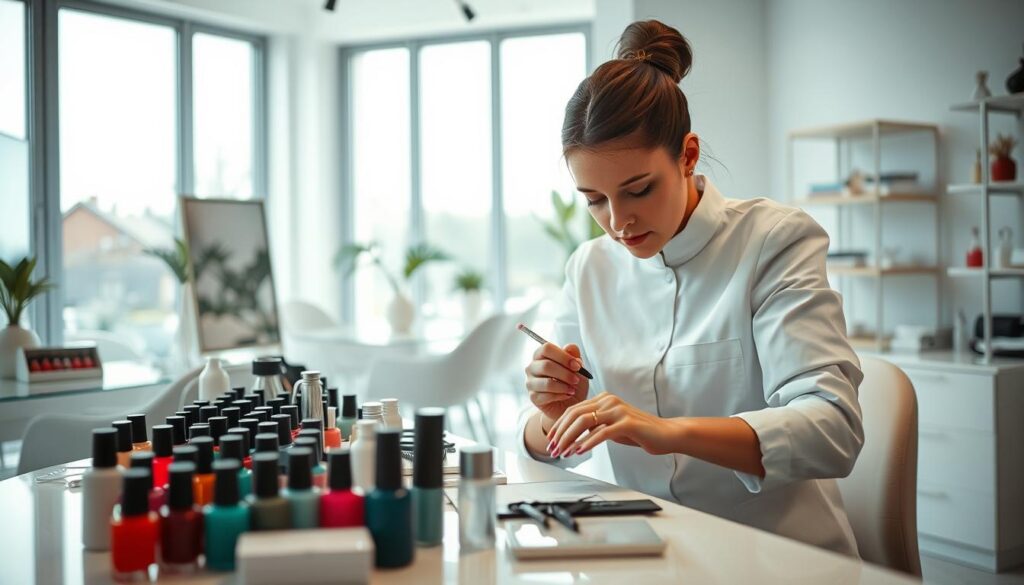 A well-lit studio with a nail technician's workspace, featuring an array of nail polish bottles, tools, and a manicure station. In the background, a modern minimalist interior with large windows, natural light streaming in, and a simple, elegant decor. The nail artist, dressed in a crisp white uniform, is intently focused on carefully applying a bold, vibrant nail design on a client's hand. The scene conveys a sense of professionalism, creativity, and the skill required to succeed as a successful nail artist. The mood is serene, with a touch of sophistication, reflecting the lucrative nature of the nail art industry.