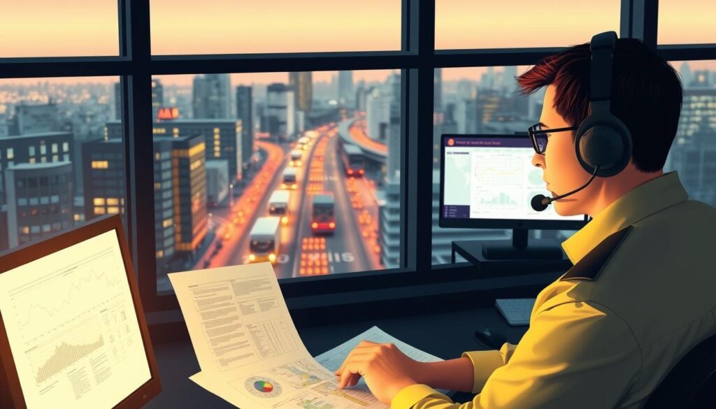 A well-lit, three-dimensional illustration showcasing the importance of skill development for a dispatcher's success. In the foreground, a dispatcher diligently studying charts and maps, their face illuminated by the soft glow of a computer screen. In the middle ground, a dispatcher orchestrating the efficient movement of vehicles, using intuitive digital tools. In the background, a bustling urban cityscape, highlighting the dynamic nature of the dispatcher's role. The composition conveys a sense of focus, determination, and the crucial value of continuously upgrading one's abilities to excel as a dispatcher.
