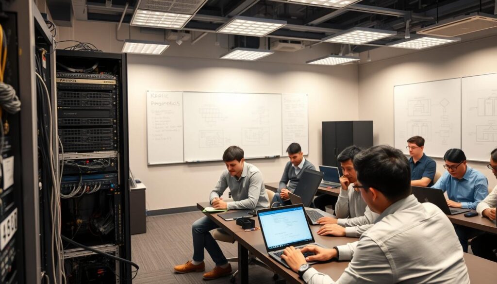 A well-lit training room with a group of system engineers engaged in a hands-on workshop. In the foreground, a senior engineer demonstrates the setup of a complex server rack, cables and connectors visible. In the middle ground, smaller groups collaborate on programming exercises on laptops, faces intent with concentration. The background features a large whiteboard displaying architectural diagrams and flowcharts. Neutral tones with pops of color from the electronics create a professional, focused atmosphere conducive to technical education and skill development.