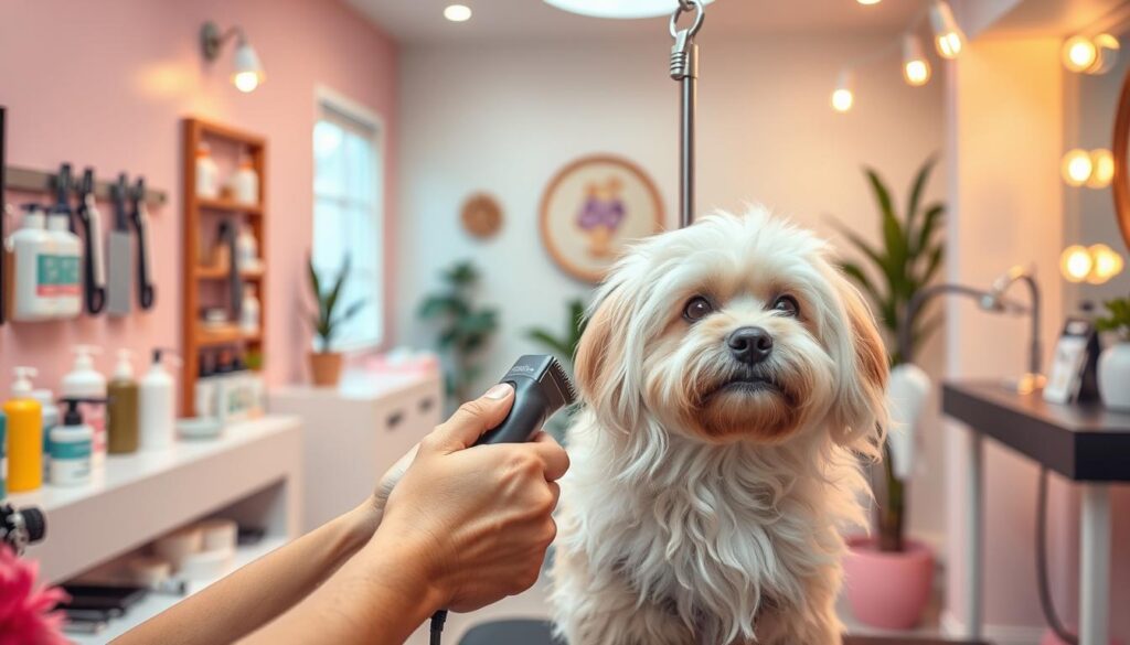 A well-lit, vibrant scene showcasing a professional pet groomer's studio. In the foreground, a skilled groomer carefully trims a fluffy dog's coat with precision electric clippers, their expert hands guiding the process. The middle ground features various grooming tools and supplies, including high-quality shampoos, brushes, and combs, hinting at the groomer's commitment to providing excellent service. The background reveals a welcoming, spa-like environment with soothing pastel walls, calming ambient lighting, and serene potted plants, creating a relaxing atmosphere for both the groomer and their canine clients. The scene conveys the groomer's dedication to their craft and the potential to increase their income through exceptional attention to detail, exceptional customer service, and a professional, inviting workspace.
