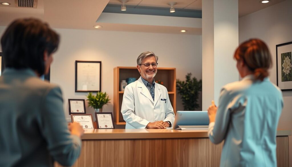 A well-lit, wide-angle shot of a modern office interior with a professional, middle-aged person in a white lab coat standing behind a reception desk, warmly greeting a client. The desk is adorned with certificates and diplomas, signifying the practitioner's credentials and expertise in holistic therapy. The background features tasteful decor, suggesting a serene and welcoming atmosphere. Soft, diffused lighting illuminates the scene, creating a calming, professional ambiance. The overall composition conveys the process of obtaining a qualification to become a skilled, reputable整体師.