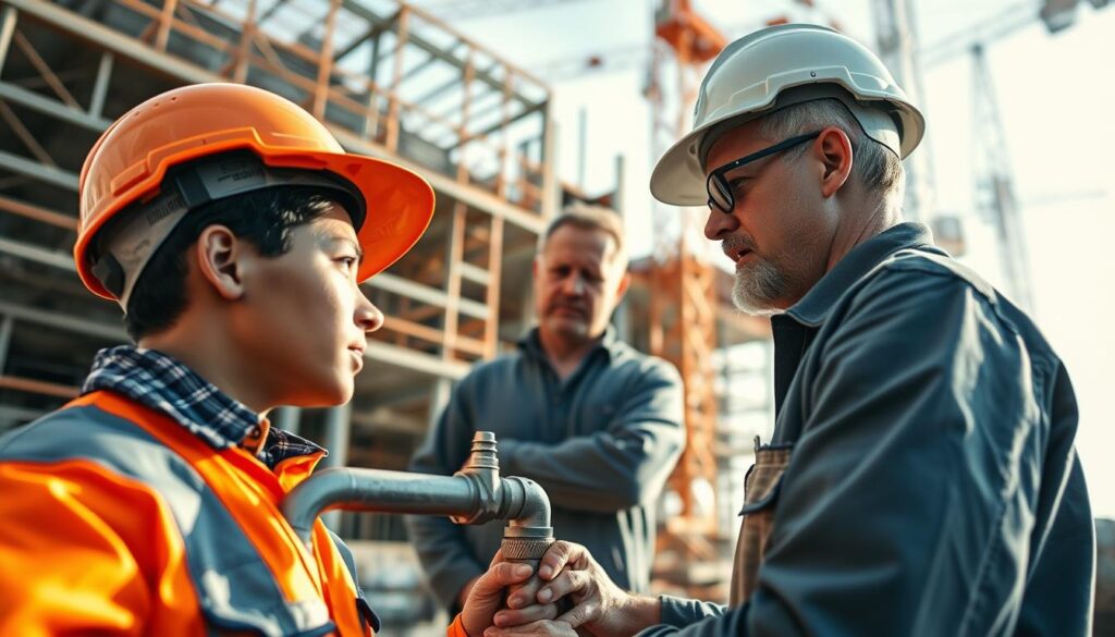 A well-lit, wide-angle view of a construction site, showcasing the career progression of a skilled plumber. In the foreground, a young apprentice plumber is intently observing an experienced journeyman as he expertly installs a complex pipe system. In the middle ground, a seasoned master plumber oversees the work, providing guidance and mentorship. The background features a towering construction crane and the skeletal framework of a new building, hinting at the ongoing growth and development in the plumbing industry. The scene conveys a sense of professionalism, dedication, and the potential for advancement within the plumbing trade.
