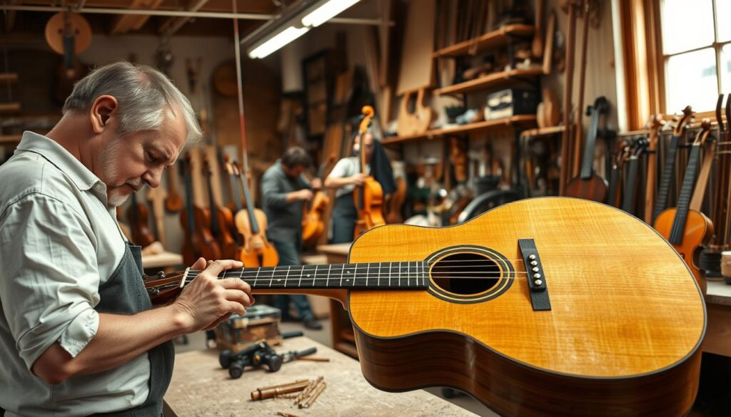 A well-lit workshop filled with various musical instruments in various stages of construction. In the foreground, a luthier carefully sands the body of an acoustic guitar, the wood's grain and texture visible under the bright task lighting. In the middle ground, a worker shapes the neck of a violin, meticulously carving the intricate scroll. In the background, a variety of tools and materials are neatly organized, hinting at the precision and attention to detail required in this craft. The atmosphere is one of focus and dedication, capturing the essence of the painstaking process of musical instrument making.