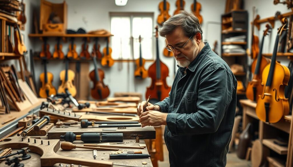 A well-lit workshop interior with an artisan instrumentmaker at their workbench, surrounded by a variety of high-quality woodworking tools and partially completed musical instruments. The craftsperson is focused intently on their intricate handiwork, their face reflecting the care and skill required for this specialized profession. In the background, a display of finished violins, cellos, and other stringed instruments suggests the fruits of their labor and the value placed on their expertise. The overall scene conveys a sense of precision, dedication, and the pride associated with being a highly-trained, master-level artisan in the musical instrument making industry.