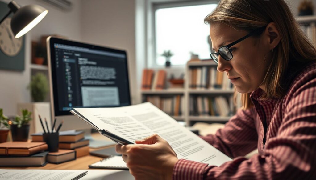 A well-lit workspace with a meticulous editor meticulously proofreading a document, surrounded by reference materials and a thoughtful expression. In the foreground, a pen hovers over the page, ready to make precise corrections. The middle ground features a computer monitor displaying an open document, while the background showcases a bookshelf filled with reference books and a serene, minimalist office environment. The lighting is soft and balanced, creating a sense of focus and attention to detail, reflecting the importance of proofreading and editorial skills in the workplace.