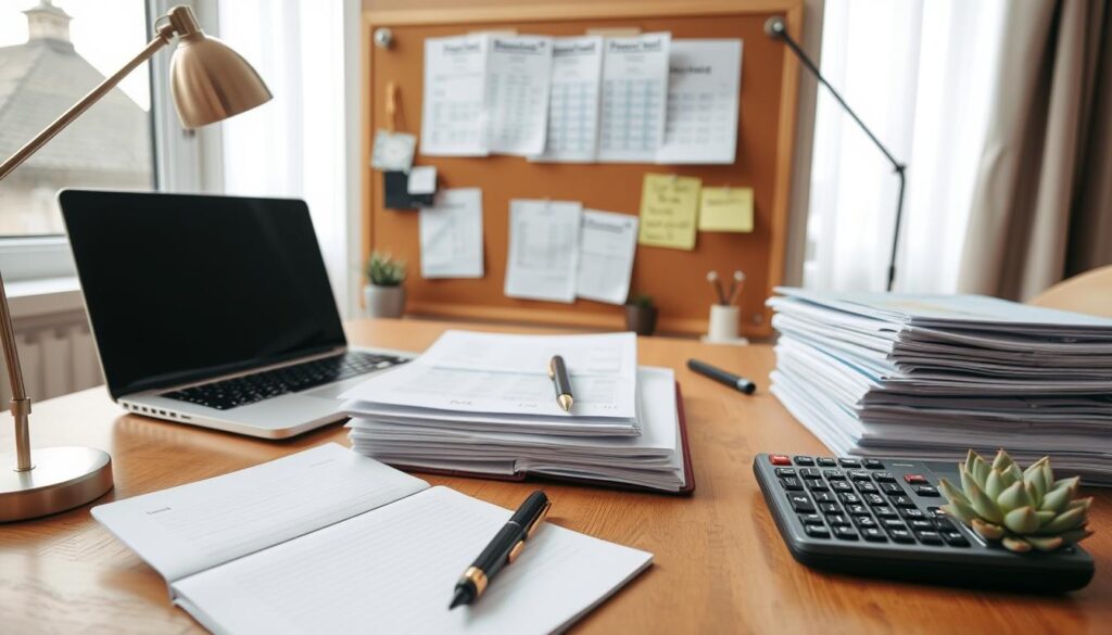 A well-organized home office with neat stacks of financial documents, a laptop, and a calculator on a wooden desk. Soft, natural lighting filters through large windows, creating a serene and focused atmosphere. In the background, a corkboard displays budgeting worksheets and sticky notes with handwritten financial goals. The foreground features a pen and a open notebook, ready to record essential household expenses and income. An elegant desk lamp and a succulent plant add a touch of minimalist sophistication to the setup, conveying a sense of control and efficiency in personal finance management.