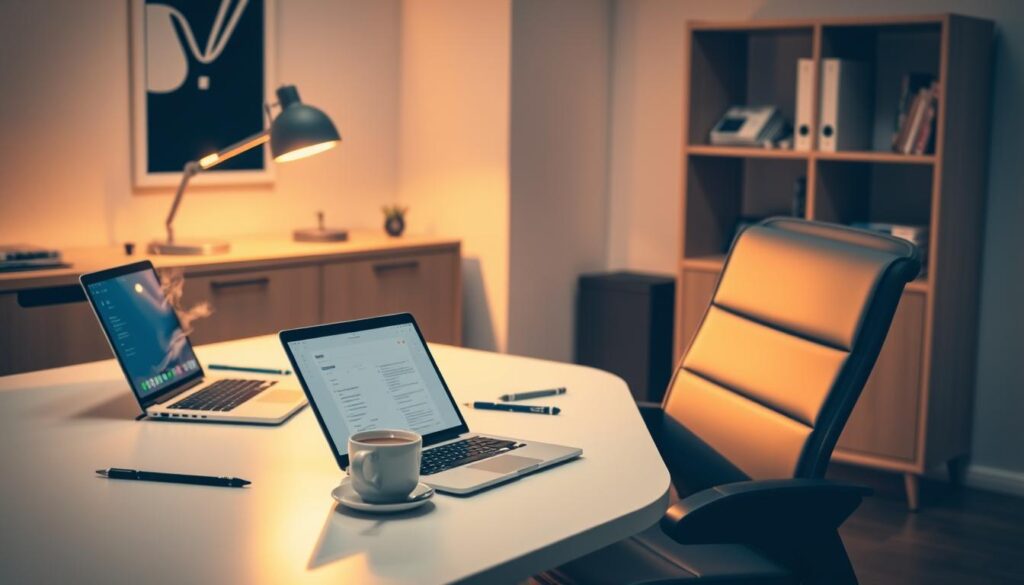 A well-organized office space on the eve of a new job, with a sleek desk, ergonomic chair, and neatly arranged stationery. The room is bathed in warm, soft lighting, creating a calming, focused atmosphere. A laptop sits open, displaying a to-do list and calendar, while a cup of coffee steams nearby. In the background, a bookshelf holds a few carefully selected volumes, suggesting a thirst for knowledge. The overall scene conveys a sense of preparedness, anticipation, and a measured approach to the impending first day, ready to tackle any challenges with confidence.