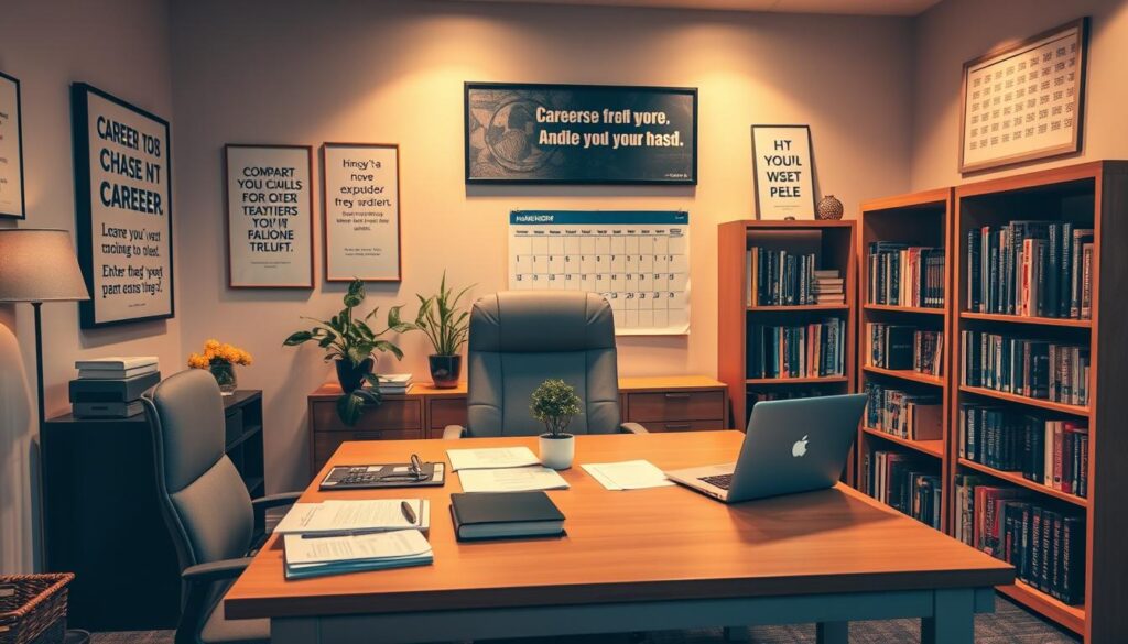 A well-organized office space with a central desk and comfortable chair. On the desk, neatly arranged documents, a laptop, and a strategically placed plant. The walls are adorned with motivational quotes and career-focused artwork, creating a professional yet inspirational atmosphere. Warm, directional lighting casts a subtle glow, highlighting the attention to detail. In the background, a bookshelf filled with relevant industry publications and a calendar marking important milestones. The overall scene conveys a sense of preparedness, focus, and a clear plan for a successful job transition.