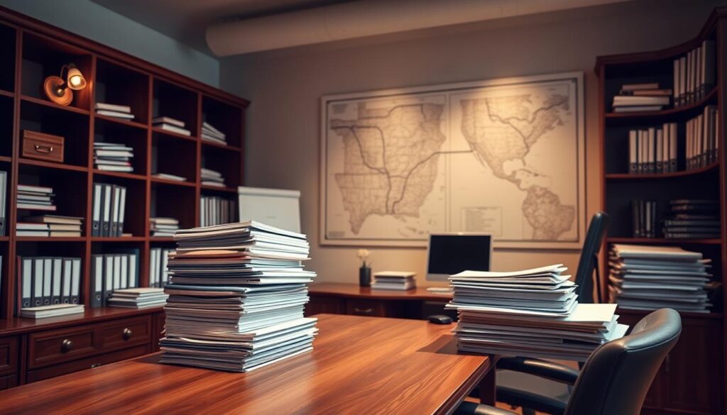 A well-organized office space with a sturdy wooden desk, neatly arranged shelves, and a modern computer monitor. Warm, indirect lighting from sconces and a large window casts a soft, focused glow on the desk, where meticulously organized files and folders are stacked. In the background, a large map or blueprint hangs on the wall, hinting at the archival nature of the work. The overall atmosphere conveys a sense of professionalism, attention to detail, and the importance of preserving and organizing valuable information.