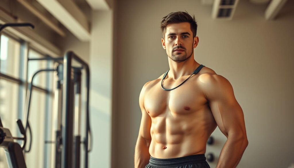A well-toned athlete standing confidently, dressed in athletic attire and supported by a sturdy, ergonomic frame. The lighting is natural and warm, highlighting their muscular physique and focused expression. In the background, a minimalist gym setting with sleek, modern equipment conveys a sense of professionalism and dedication. The overall scene emanates an atmosphere of physical prowess, discipline, and a deep understanding of the human body's capabilities, reflecting the ideal attributes of an athletic trainer.