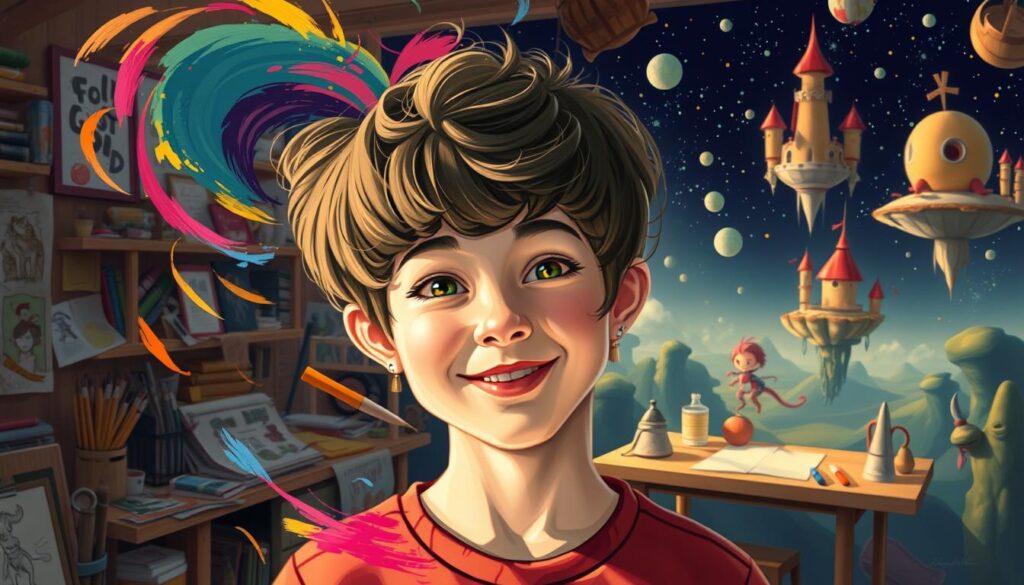 A whimsical character designer's portrait in a vibrant, imaginative setting. In the foreground, a young person with a vibrant, expressive face, brimming with creativity and a keen eye for detail. They are surrounded by a swirl of colorful brushstrokes, pencils, and sketches, a reflection of their boundless imagination. The middle ground features a cluttered, cozy workspace filled with art supplies, inspirational imagery, and half-finished character designs. In the background, a dreamlike landscape of fantastical elements - floating islands, mythical creatures, and a starry night sky, all rendered in a stylized, almost storybook-like aesthetic. Warm, soft lighting illuminates the scene, creating a sense of whimsy and wonder. The overall mood conveys the qualities of someone well-suited for character design: artistic flair, attention to detail, and a boundless creative spirit.