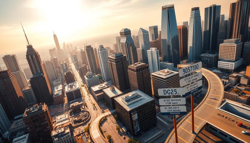 A wide, aerial view of a bustling cityscape, with towering skyscrapers reaching towards the sky. In the foreground, a winding path represents the career progression of a technical director, with various stages marked by signposts depicting job titles, salaries, and years of experience. The middle ground features a mix of modern office buildings and production studios, hinting at the diverse work environments of the industry. The background is bathed in a warm, golden light, evoking a sense of growth, opportunity, and the promise of a fulfilling career journey. The overall composition conveys the dynamic and evolving nature of a technical director's career path and earning potential within the television industry.