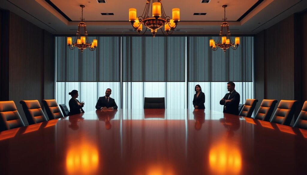 A wide conference table, its surface reflecting the warm light from overhead chandeliers. Around it, the silhouettes of five figures, each representing a distinct corporate role - CEO, CFO, COO, CTO, and General Manager. Their postures and demeanors convey the subtle differences in their responsibilities, authority, and decision-making power. The scene is bathed in a professional, executive atmosphere, with a sense of gravitas and strategic deliberation. A visual metaphor for the hierarchical structure and diverse functions within a thriving organization.