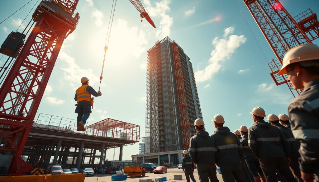 A wide, high-angle view of a bustling construction site, showcasing the diverse career paths of Japanese tsuriobinin (tower crane operators). In the foreground, a skilled tsuriobinin expertly maneuvers a towering crane, its mechanical arms gracefully lifting heavy materials. In the middle ground, a team of tsuriobinin trainees watches intently, learning the intricate techniques. In the background, a multi-story building rises, its steel frame a testament to the tsuriobinin's vital role. The scene is bathed in warm, golden light, capturing the sense of pride and purpose inherent in this revered profession. Subtle lens flares and a shallow depth of field create an immersive, cinematic atmosphere.