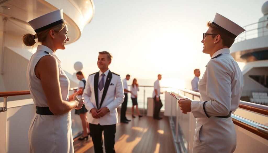 A wide shot of a cruise ship's deck, with the sun casting a warm glow across the scene. In the foreground, a purser in a crisp white uniform is engaged in conversation with a guest, their gestures indicating a productive exchange. In the middle ground, other pursers can be seen attending to various tasks, their movements fluid and efficient. The background reveals the ship's elegant design, with sleek lines and gleaming surfaces. The overall atmosphere conveys a sense of professionalism, service, and the gradual progression of a purser's career, from novice to seasoned expert, within the dynamic environment of a luxury cruise liner.