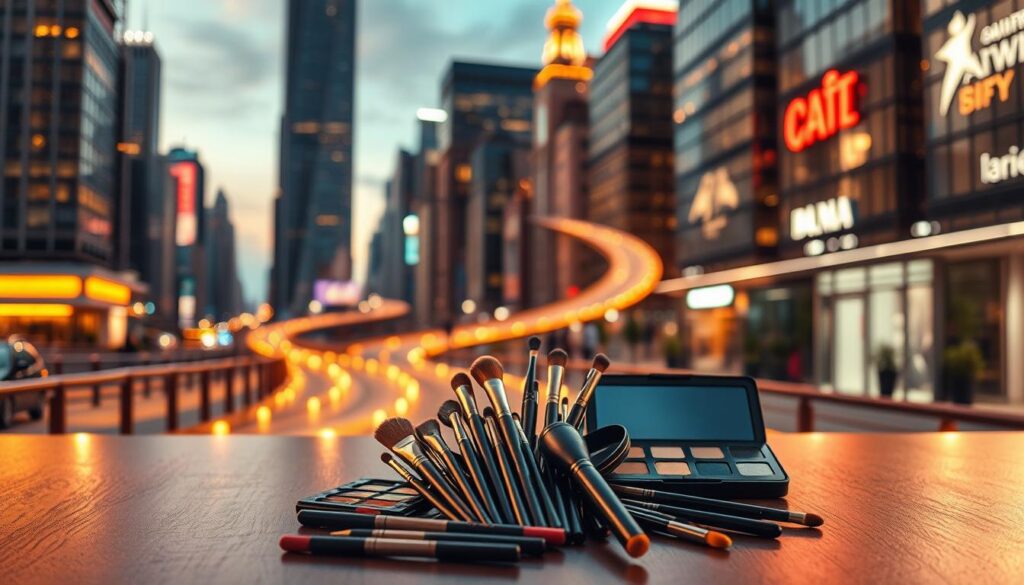 A winding career path leading through a bustling city, with skyscrapers and neon lights in the background. In the foreground, a makeup artist's toolkit - brushes, palettes, and products - arranged artfully. The scene is bathed in a warm, golden light, creating a sense of possibility and opportunity. The composition is balanced, with the tools in the center drawing the eye. The overall atmosphere conveys the dynamic, ever-changing nature of a makeup artist's career journey.