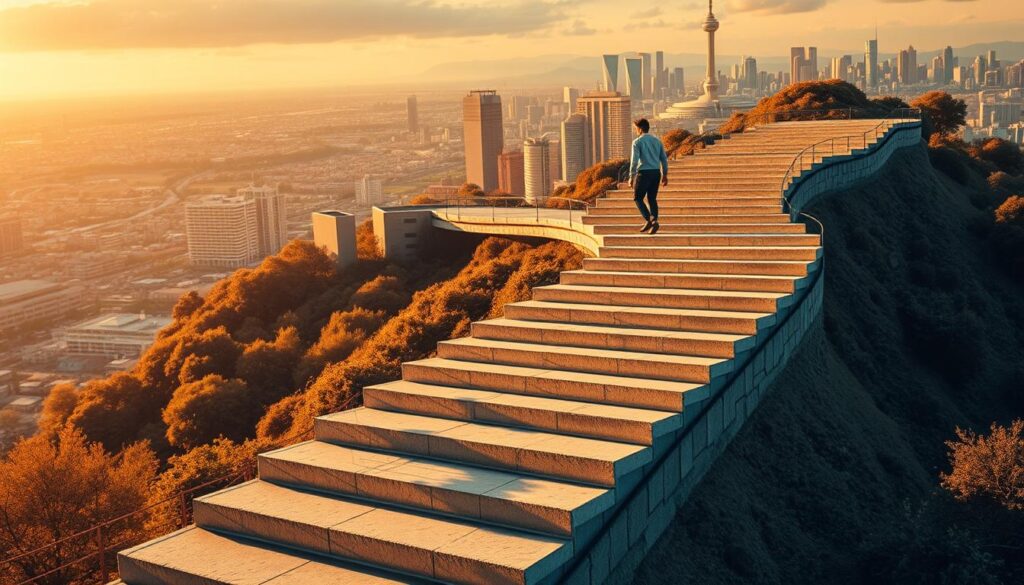 A winding career path leading upwards, with milestones and signposts along the way. In the foreground, a person navigating the steps, determined expression on their face. The middle ground features various career options and opportunities, represented by buildings, offices, and symbols of different professions. In the background, a cityscape with skyscrapers and a sense of progression, suggesting the potential for growth and advancement. Warm, golden lighting illuminates the scene, creating an aspirational and motivational atmosphere. The composition conveys the journey of career development, from entry-level positions to senior-level roles, with a focus on the upward trajectory and sense of achievement.