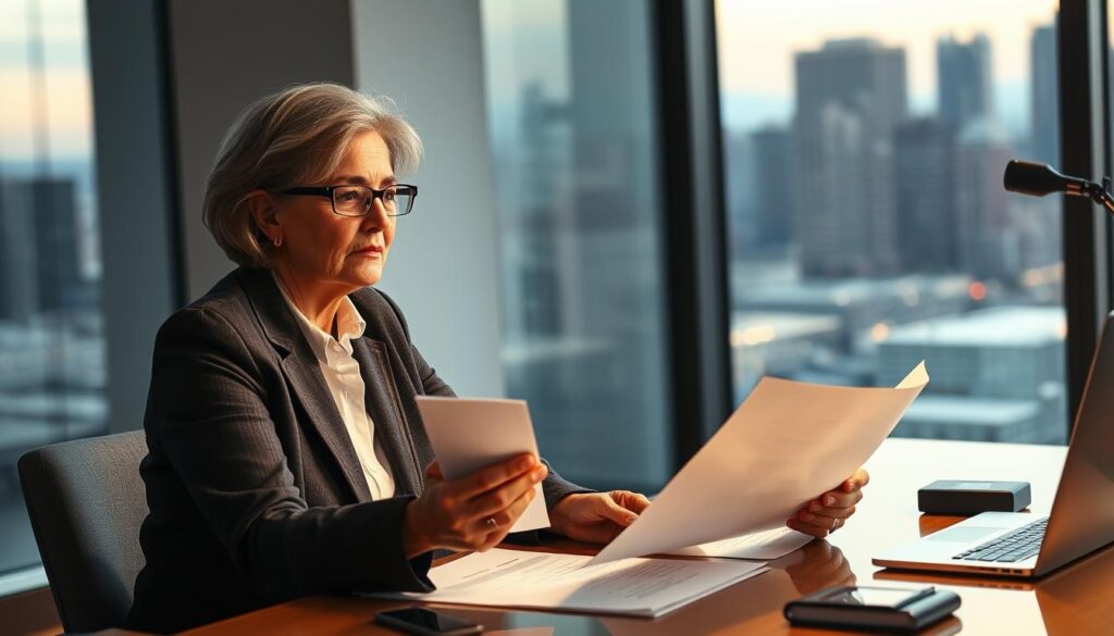 A woman in her 50s sits at a desk, reviewing documents with a career consultant. The scene is set in a modern, well-lit office, with clean lines and a professional atmosphere. Soft, diffused lighting casts a warm glow, highlighting the concentration on the woman's face as she listens intently to the consultant's advice. The consultant, dressed in smart business attire, gestures animatedly, conveying a sense of expertise and empathy. In the background, a window offers a glimpse of a bustling city skyline, symbolizing the vast opportunities waiting to be explored. The overall mood is one of collaboration, guidance, and the possibility of a rewarding new chapter in the woman's career.