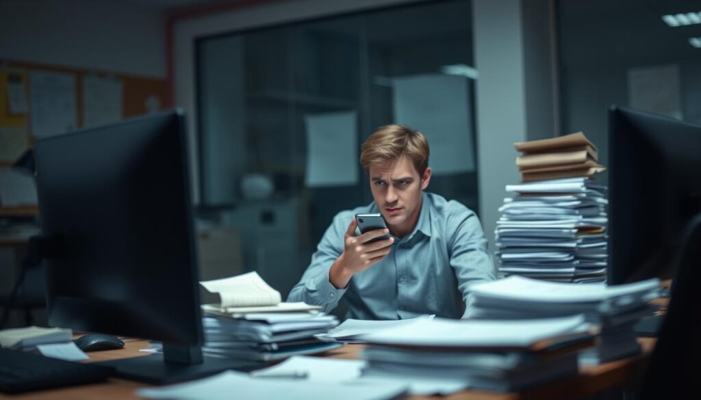 A workplace office interior with a desk, computer, and stacks of documents. A person sitting at the desk looks anxious, with a phone in hand. The background is blurred, conveying a sense of tension and unease. Dramatic lighting casts shadows, adding to the sense of unease. The scene is captured with a shallow depth of field, keeping the focus on the worried employee. The overall atmosphere is one of uncertainty and the potential consequences of a reference check revealing a job search.