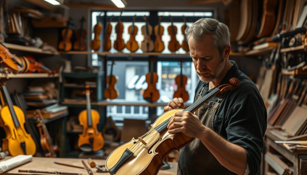 A workshop filled with the tools and materials of an experienced instrument maker. In the foreground, a skilled artisan carefully shaping a violin body with hand tools, their face illuminated by warm task lighting. In the middle ground, shelves display a variety of partially completed instruments, each in a different stage of the meticulous construction process. The background reveals a large window, letting in soft natural light and offering a glimpse of a bustling city street beyond, symbolizing the diverse career paths available to those who hone their craft. The overall scene conveys the dedication, precision, and sense of purpose inherent in the lifelong pursuit of perfecting the art of musical instrument making.