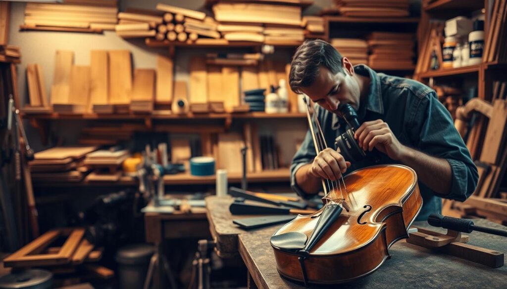 A workshop interior with an assortment of tools and materials necessary for crafting musical instruments. In the foreground, a skilled luthier carefully sands the body of a hand-carved violin, their focused expression reflected in the polished wood. In the middle ground, various woodworking implements such as chisels, planes, and clamps are neatly arranged on a sturdy workbench. The background features shelves stocked with an array of wood planks, varnishes, and other specialized supplies, illuminated by warm, directional lighting that casts dynamic shadows. The overall atmosphere conveys the precision, patience, and artistry required to become a master instrument maker.