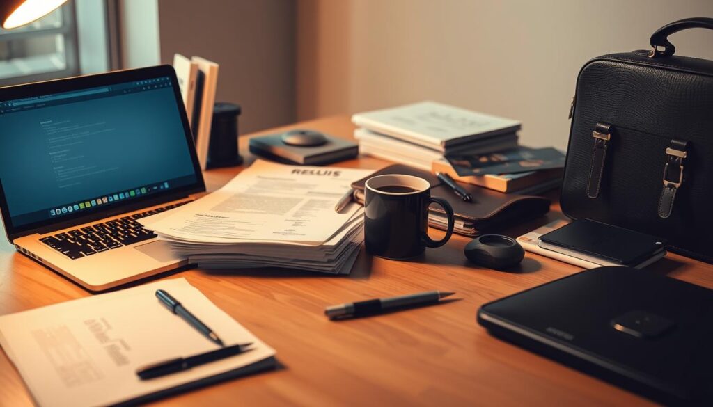 A workspace filled with various job-related items, including a laptop, a stack of resumes, a briefcase, and a mug of coffee. The scene is bathed in warm, focused lighting, with a clean, minimalist background that emphasizes the task at hand. The overall mood is one of preparation, focus, and determination, as the person prepares to embark on a new career path. The composition is balanced, with the elements arranged in a visually pleasing manner, guiding the viewer's eye towards the center of the image.