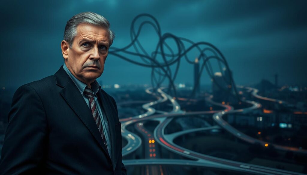 A worried 56-year-old professional standing at a career crossroads, contemplating the risks of switching jobs. The foreground depicts the individual, dressed in a suit, brow furrowed with concern. The middle ground shows a web of tangled roads and pathways, representing the complex job market. The background features a dimly lit cityscape, evoking the uncertainty and challenges of a mid-career transition. The lighting is soft and moody, with a subtle blue-gray tint, creating a pensive atmosphere. The composition utilizes a low-angle perspective, emphasizing the subject's sense of apprehension and the magnitude of the decision before them.