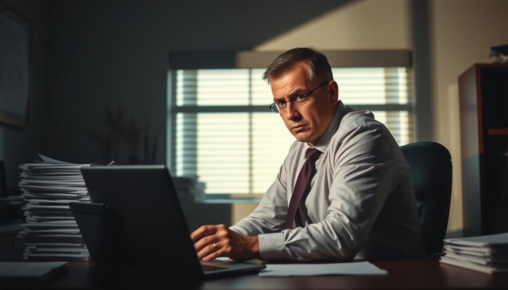 A worried businessman sitting at his desk, eyes darting side-to-side, with stacks of resumes and a laptop on his desk. The office is dimly lit, casting shadows that suggest a sense of unease. The scene has a tense, paranoid atmosphere, hinting at the potential consequences of being discovered while secretly job hunting during a leave of absence.