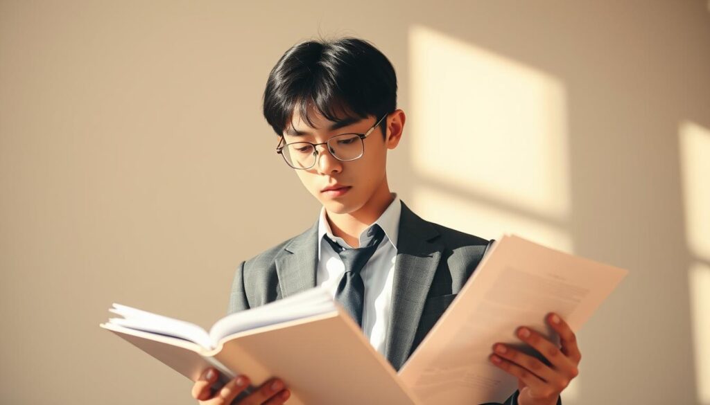 A young Japanese student, dressed in professional attire, intently studying textbooks and documents, conveying the dedication and discipline required to balance academic pursuits and practical work. Warm, natural lighting illuminates the scene, creating a serene and focused atmosphere. The model's expression reflects deep concentration, highlighting the mental challenge of maintaining this dual endeavor. The background is minimalist, allowing the subject to remain the central focus, emphasizing the importance of this balancing act in the journey towards a successful career as an actuary.